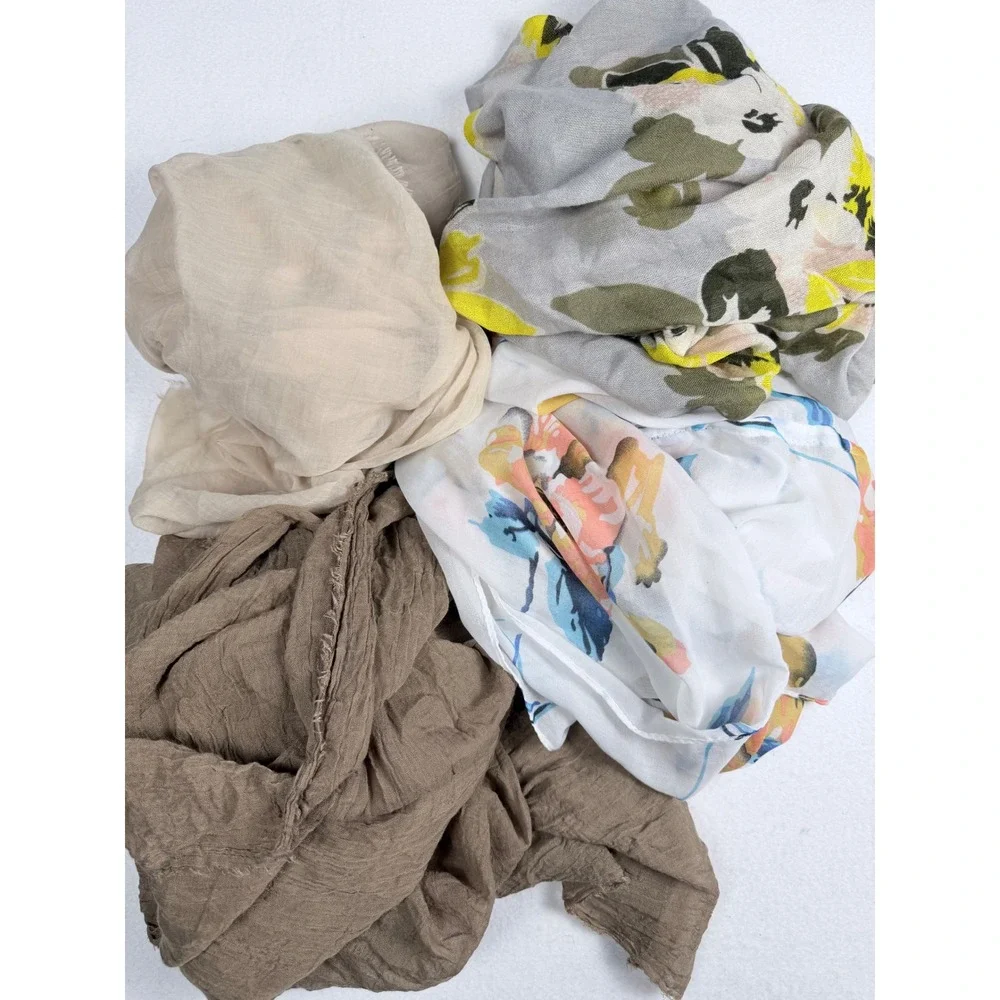 Scarf Bundle Lot of 4 Floral Crinkle Solid Beige Grey Wool Blend Various Sizes